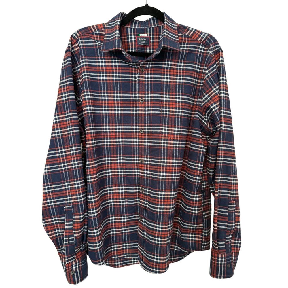 UNTUCKit Navy Blue Plaid Button Down Long Sleeve Top Large Casual Grunge Layers